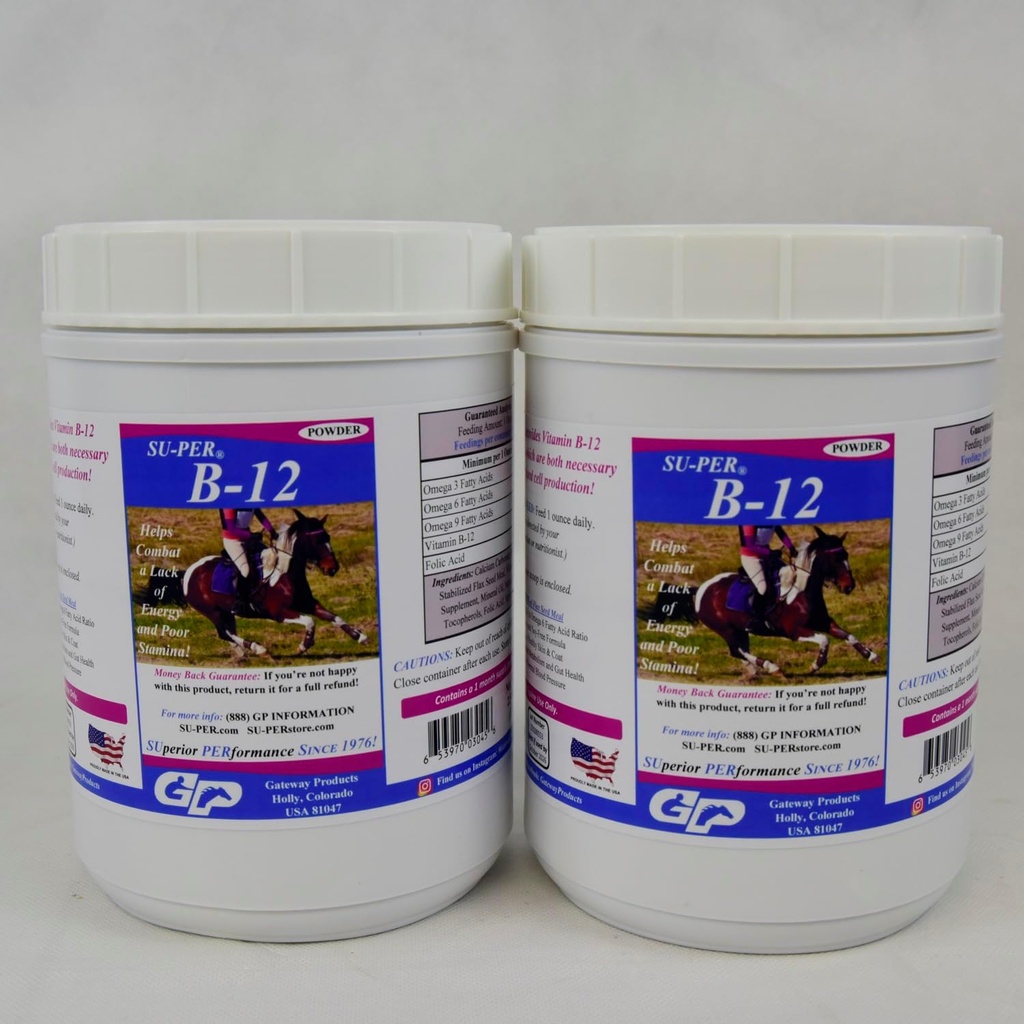 SU-PER B12 for Horses - Equine Vitamins B-12 & B-9 Folic Acid Support Powder - Energy Horse Supplement - 2.5 Pounds, (2 Pack)