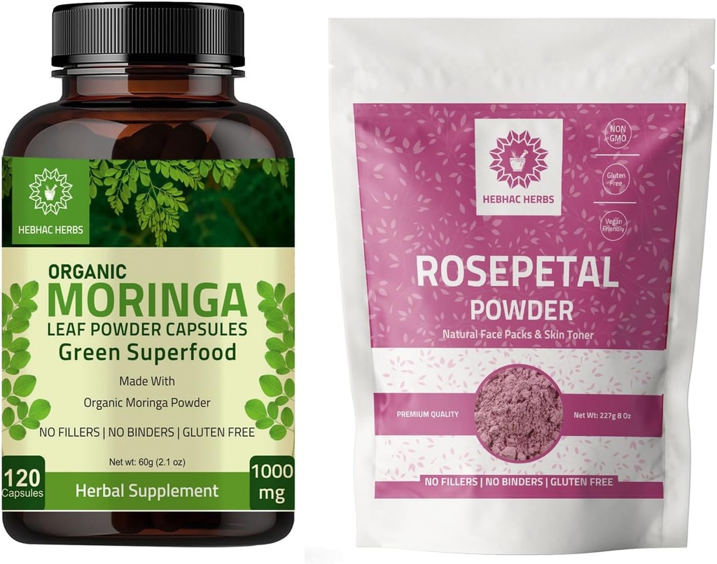 Organik Moringa Capsules 120 Capsules 1000 mg ve Rose Petal Toz 227g | Roseal Flower Toz 8 oz |