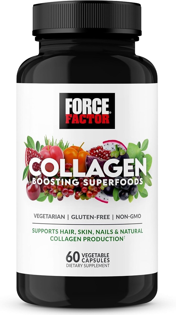 Force Factor Collagen Booating Superfoods, Vegan Collagen Booster με Υαλουρονικό οξύ, Βιοτίνη, Μπαμπού, Αμινοξέα & Βιταμίνες για τα μαλλιά, το δέρμα, και τα νύχια, τον ενισχυτή και συμπλήρωμα δέρματος, 60 κάψουλες