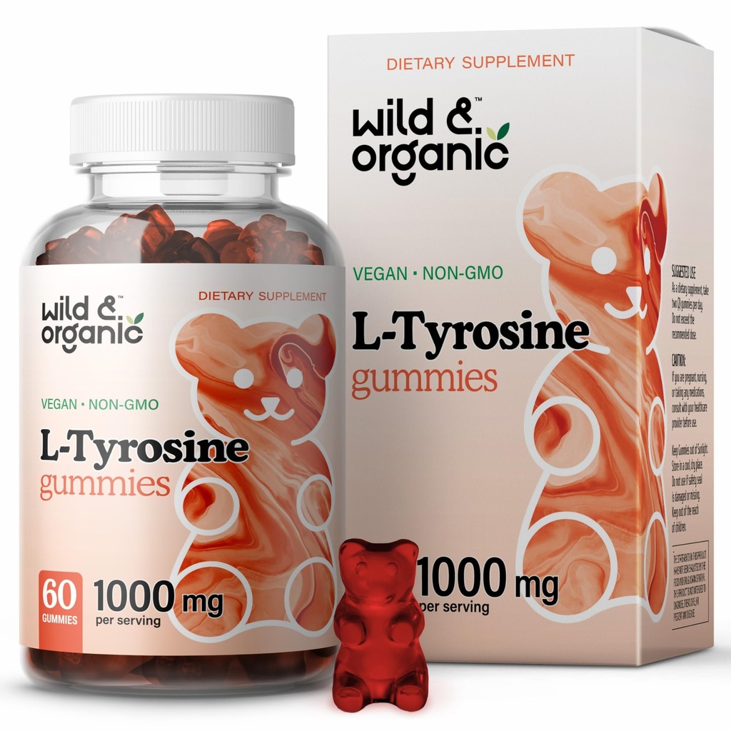 Wild & Organic L Tyrosine 1000mg Gummies - Brain Support Supplement for Focus and Mood - Vegan Focus Gummies w/L-Tyrosine Powder - 60 Non-GMO Chews