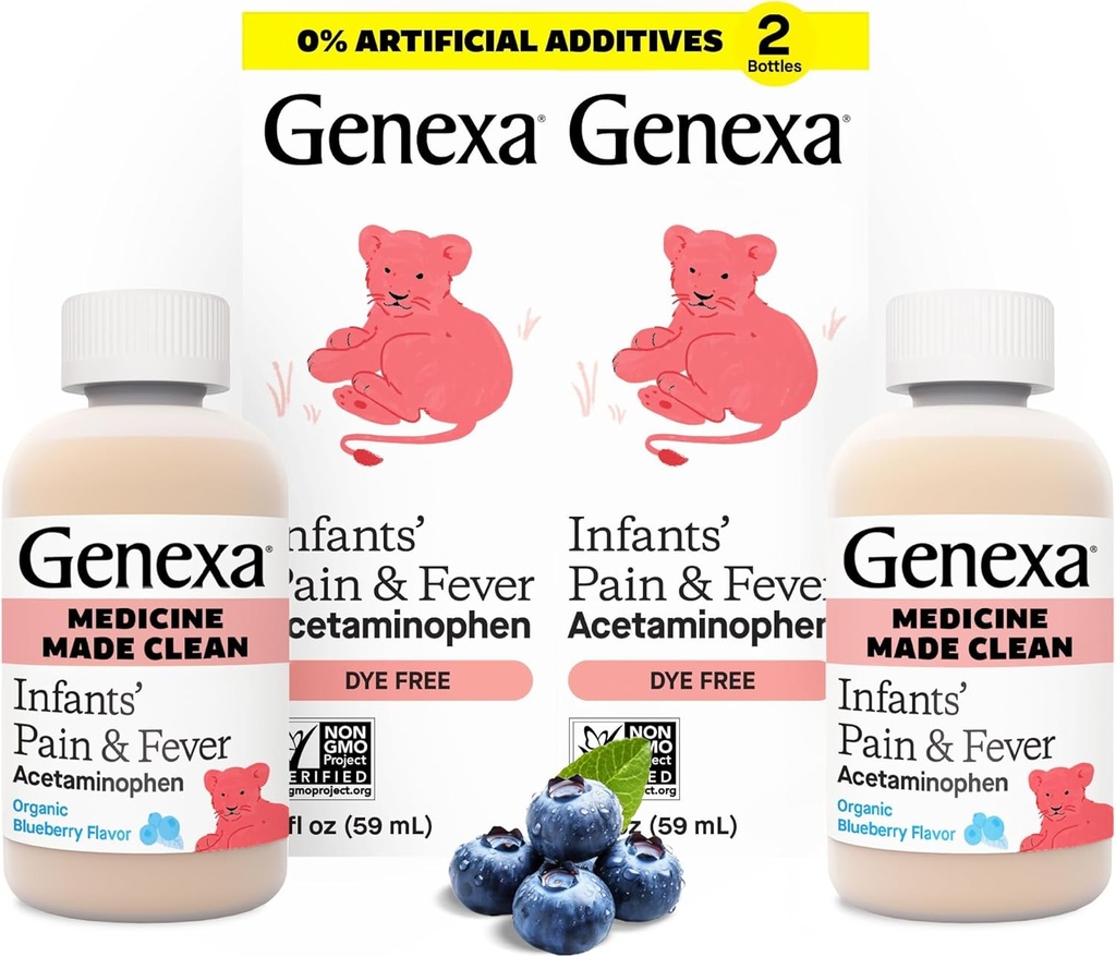 Genexa Infants' Clean Acetaminophen | Pedia Tercih Edilen Malzemeler | Bebekler için Ağrı Reliever & Ateşi | Dye Free, 0% Yapay Katkılar | Organik Blueberry Flavor, 4 fl oz (2 Pack)