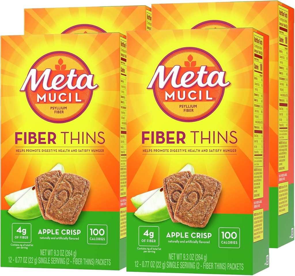 Metamucil, Fiber Thins, καθημερινή Psyllium συμπλήρωμα ινών Husk, υποστηρίζει Digestive Υγεία και Ικανοποιήσεις Πείνα, Apple Crisp Γεύση, 48 Σύνολο Σερβίρει (4 συσκευασίες των 12)