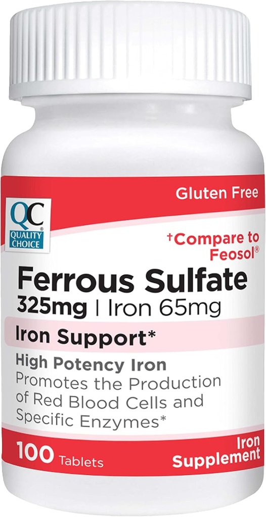 Quality Choice Iron 65 mg (325 mg Ferrous Sulfate) High Potency Iron Support Supplement Tablets in 100 Count Bottles