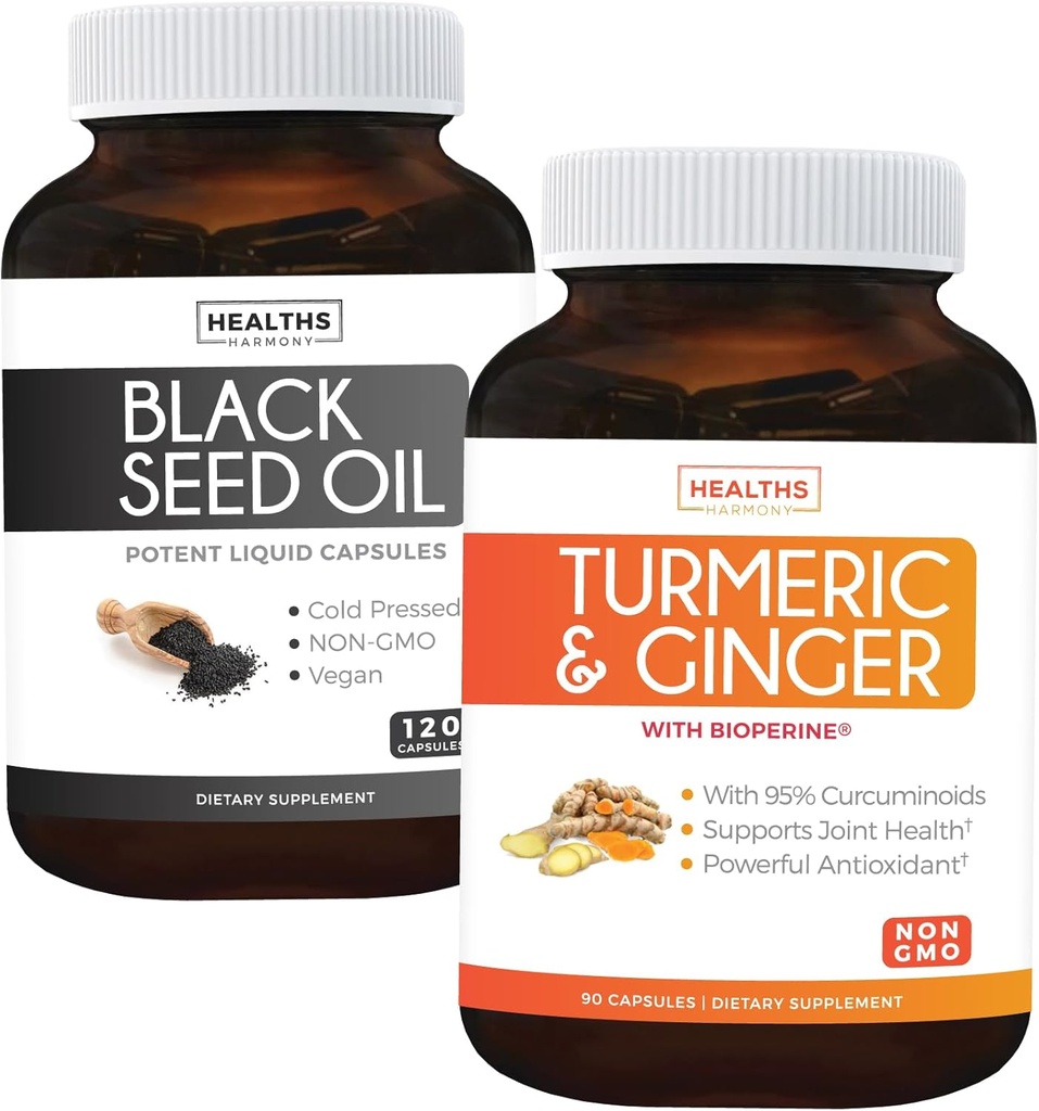 Bundle of Turmeric & Ginger & Black Seed Oil - Golden Harmony Blend - Turmeric & Ginger με 95% Curcuminoids & Bioperine (90 κάψουλες) & Black Seed Oil (Non-GMO) 100% Cold-Pressed Cumin Seed Oil