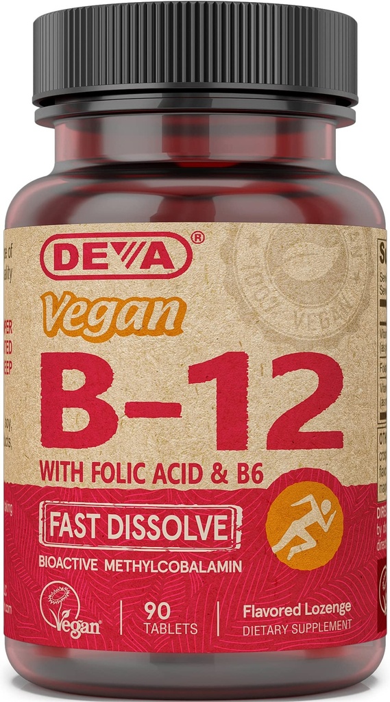 DEVA Vegan B12 Fast Dissolve Supplement - 1000 Mcg Torchcobalamin B12, Folic Asit, B6 - Lemon Flavor - 90 Dissolvable Tabletler,