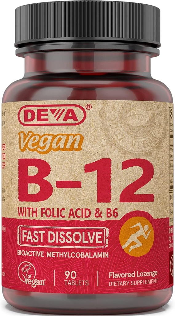 DEVA Vegan Vitamin B12 Fast Dissolve Supplement - Μία φορά την ημέρα Complex με 1000 McG Methylcobalamin B12, Φολικό οξύ, B6 - Λεμονί Γεύση - 90 Διαλυτά δισκία,