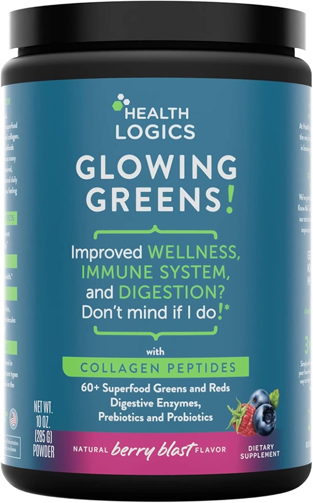 Sağlık Mantıkları Glowing Greens Superfood Toz Collagen,, Digestive Enzymes, Prebiyotikler ve Probiyotikler – Antioksi, Wellness, Immune, Digestive and Gut Health Support