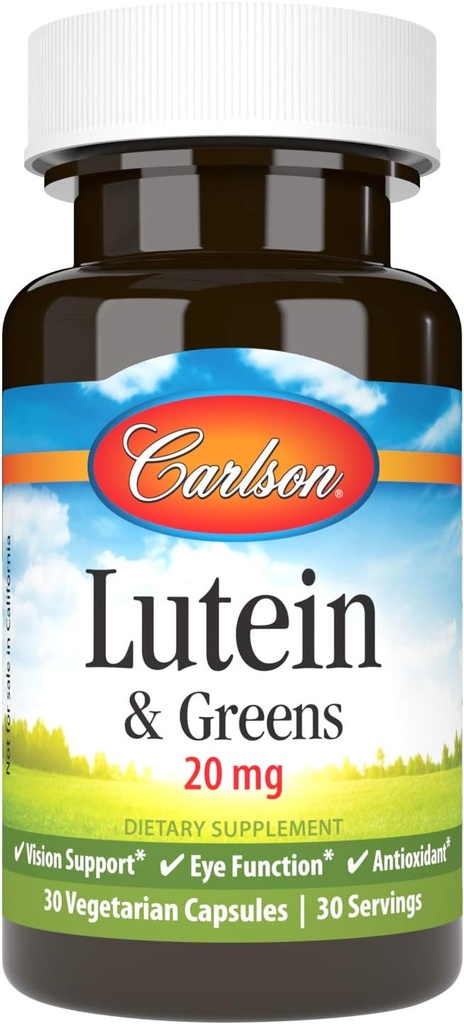 Carlson - Lutein & Greens, 20 mg, Vision Support & Eye Function, Antioksi, 30 Vegetarian Capsules