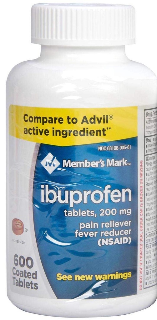 Members Mark Ibuprofen Coated Tablets 200mg Pain Reliever Fever Reducer, 1 Bottle, 600 Tablets