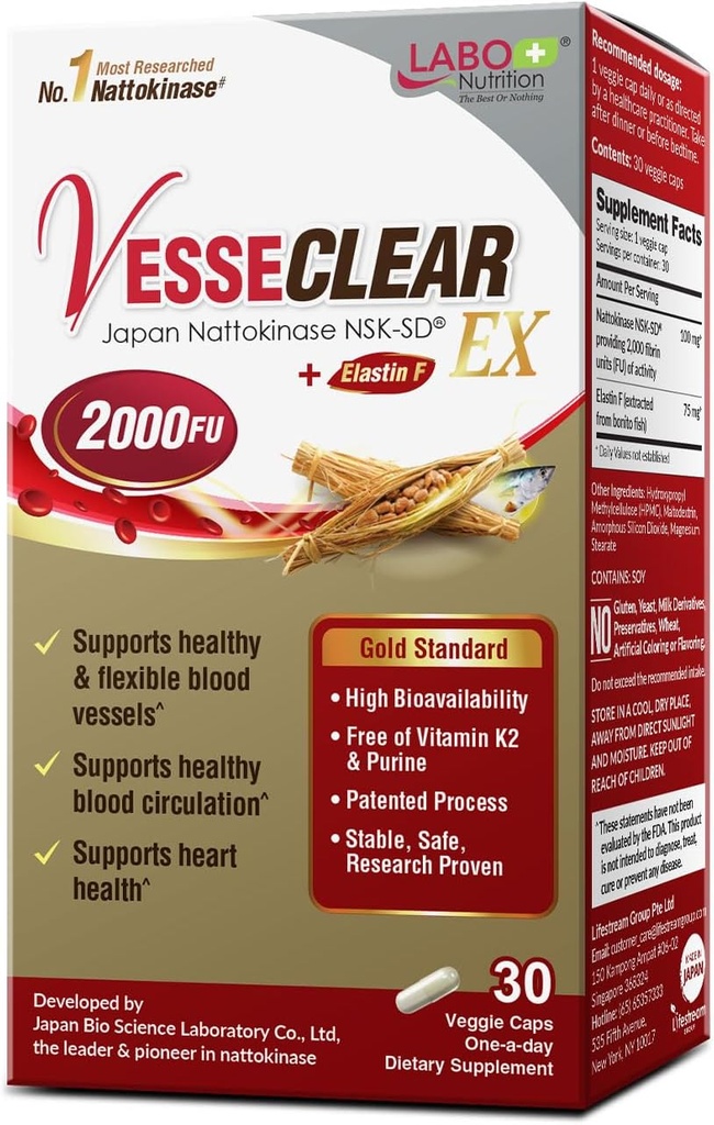 LABO Beslenme VesseCLEAR EX: Nattokinase NSK-SD+Elastin F for Clean & Flex Blood Gemi. Japonya'nın En Araştırma Proven, Fonksiyonel Dose, asit-Resistant/Delayed Release Capsules