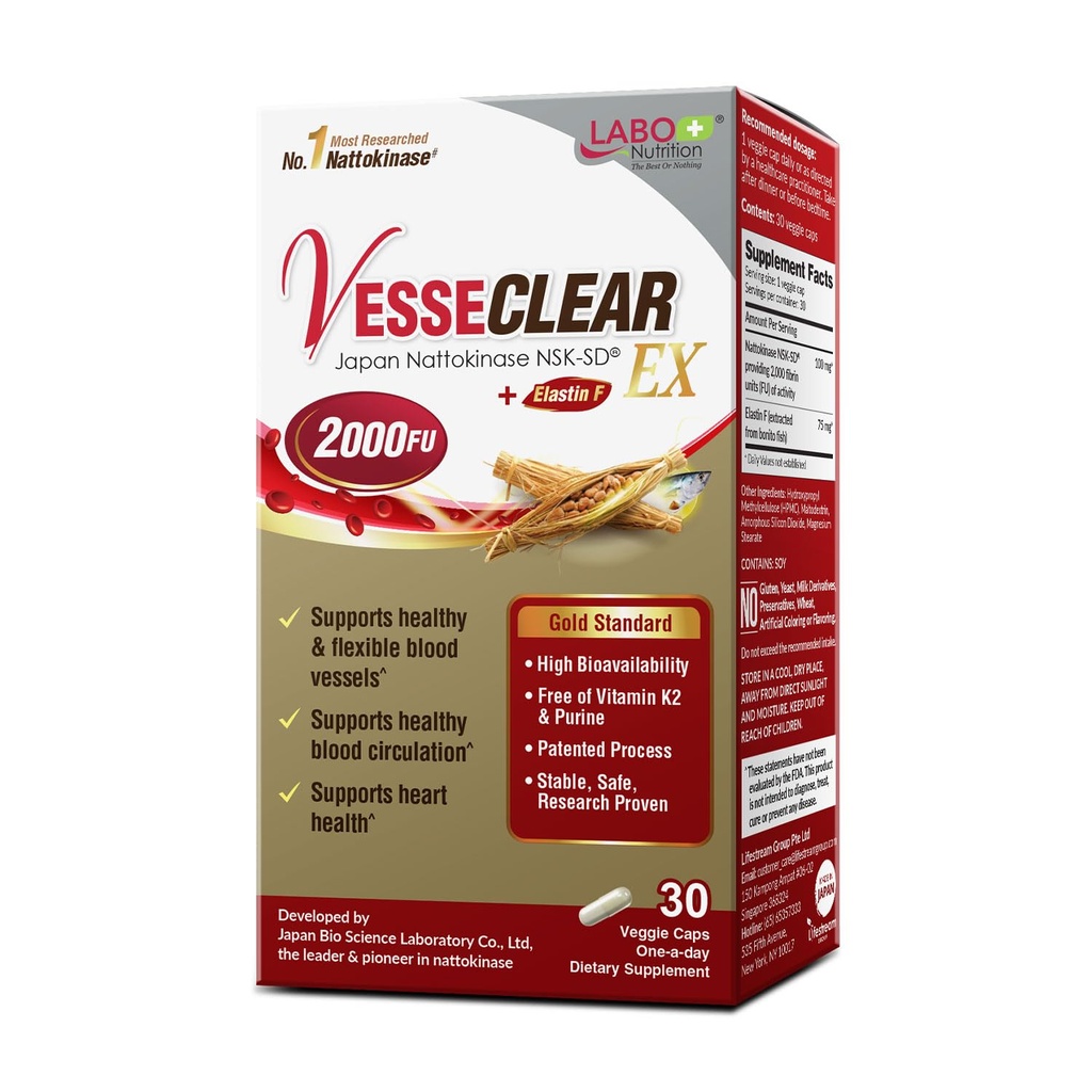 LABO Beslenme VesseCLEAR EX: Nattokinase NSK-SD+Elastin F for Clean & Flex Blood Gemi. Japonya'nın En Araştırma Proven, Fonksiyonel Dose, asit-Resistant/Delayed Release Capsules