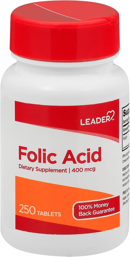 Leader Folic Acid 400MCG Tablets 250 Ct. Essential for Cell Growth & Development