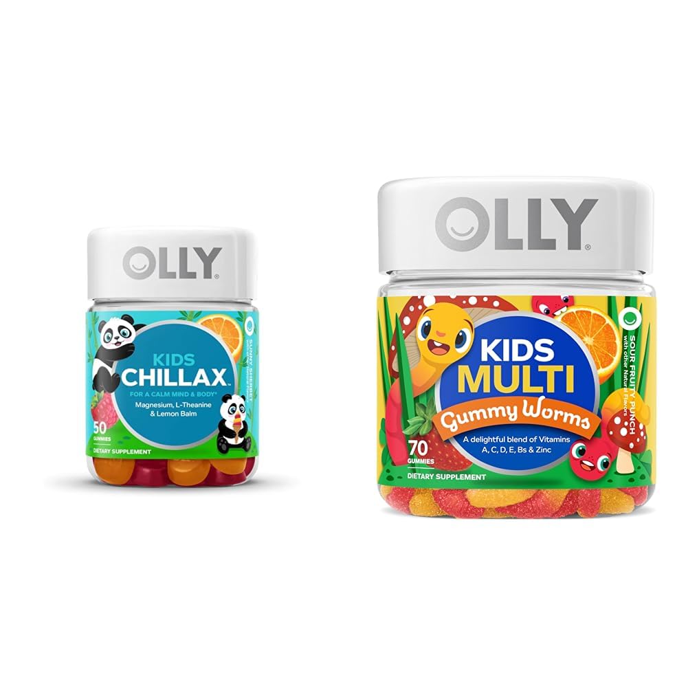 OLLY Kids Chillax, Magnesium Gummies Plus L-Θεανίνη, βάλσαμο λεμονιών, Sherbet Γεύση - 50 Count & Kids Multivitamin Gummy Σκουλήκια, Συνολική Υγεία και Ανοσοποιητική Υποστήριξη, Βιταμίνες και Ορυκτά A, C, D