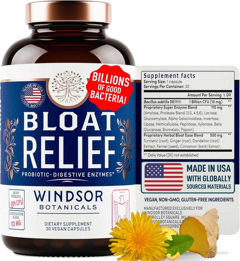 Bloat Relief Probiyotik ve Digestive Enzymes - Anti Bloating Turmeric, Fennel, Bromelain IBS Supplement - Detox Debloat Capsules Gas - Kadınlar ve Erkekler için Bloating Relief - 30 Gut Health Pills