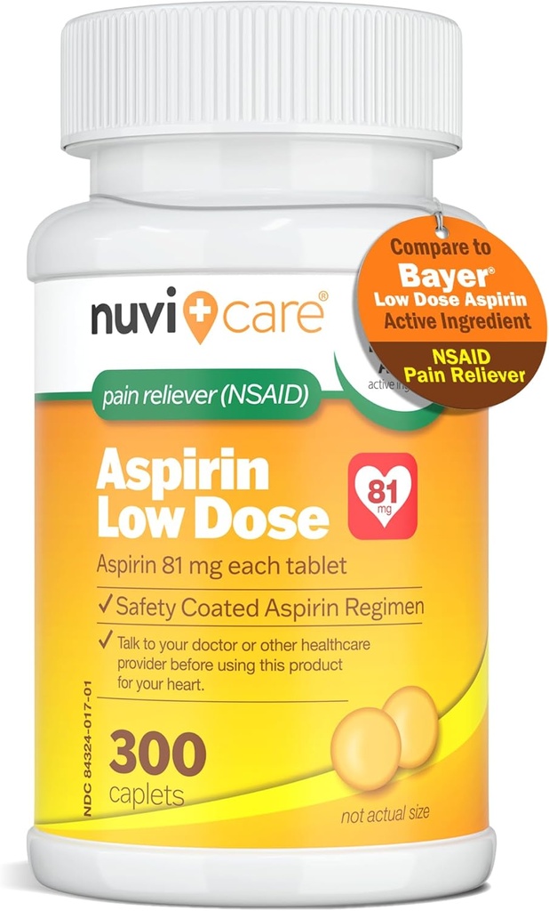 Low Dose aspirin 81mg yetişkinler için Kaplets - Low Dose Bayer aspirinindeki Aktif Malzemelerle karşılaştırın - Güvenlik Kaplaması (300 Kont)