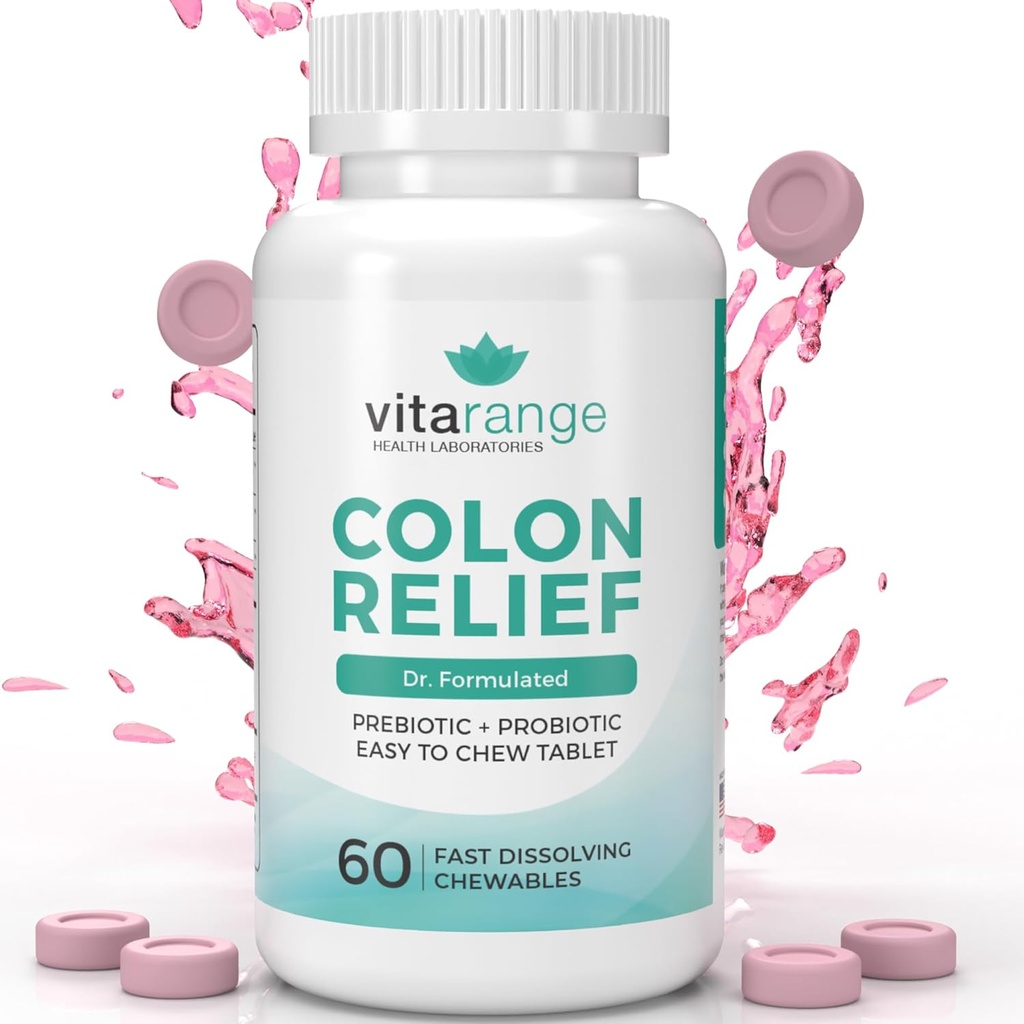 VitaRange- Fast Constipation and Bloating Relief with Sunfiber Prebiyotik Fiber and Pre + Probiyotiks for Digestive Health - 60 Chewable Strawberry Tabletleri - Doktor Formulated Probiyotikler