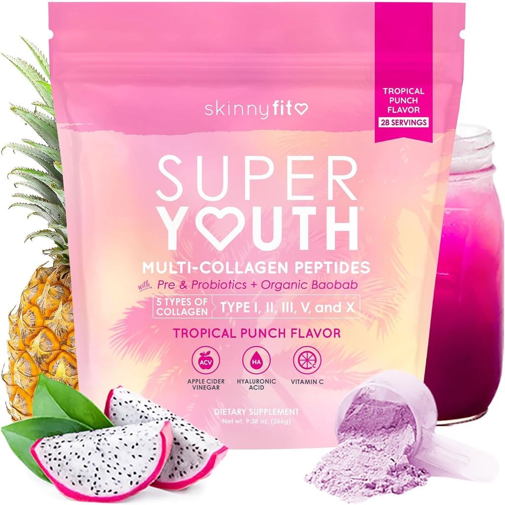 SkinnyFit - Super Youth Collagen for Women - Multi Collagen Peptides Powder - Probiotics, Fiber, Hyaluronic Acid - Non GMO, Gluten Free, Sugar Free - Beauty & Self Care - Tropical Punch (28 Services)