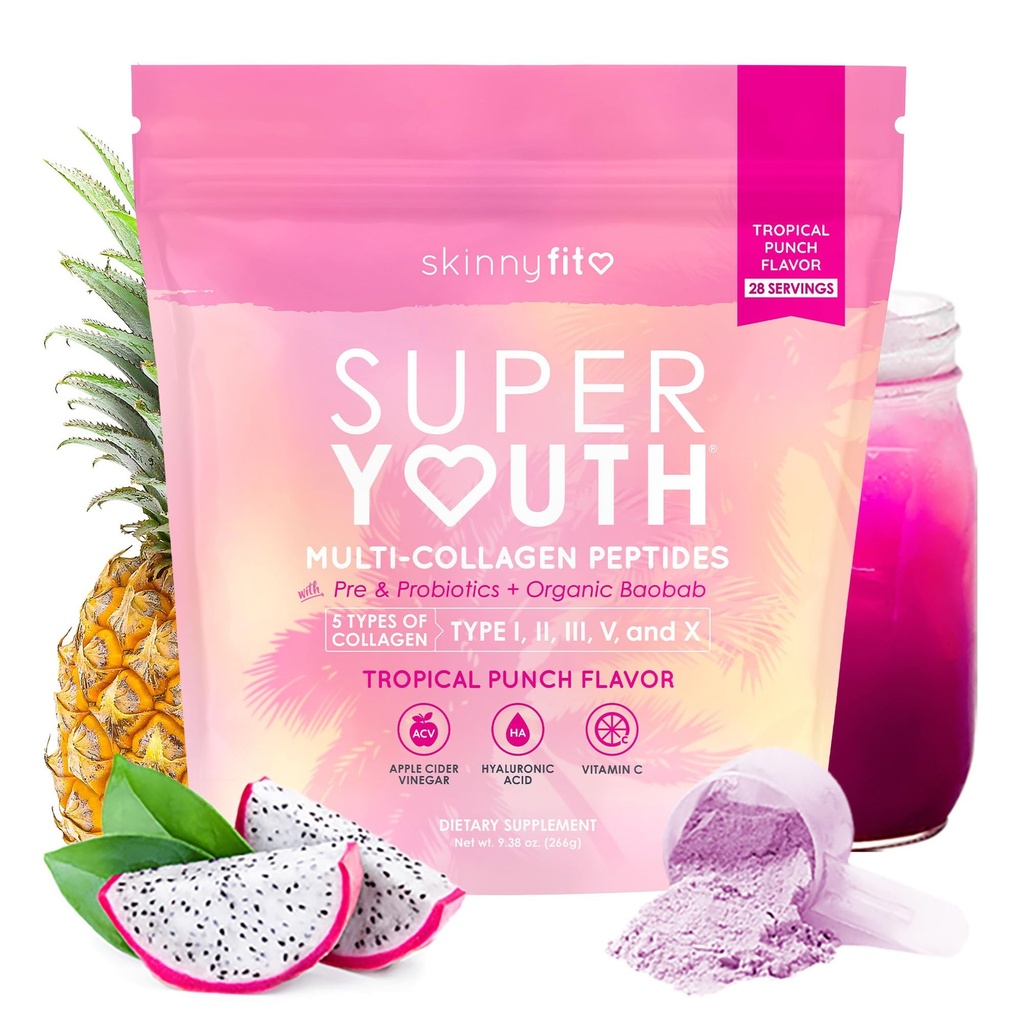 SkinnyFit - Super Youth Collagen for Women - Multi Collagen, Toz - Probiyotikler, Fiber, Hyaluronic Asit - Non GMO, Gluten Free, Sugar Free - Beauty & Self Care - Tropikal Punch (28 hizmet)