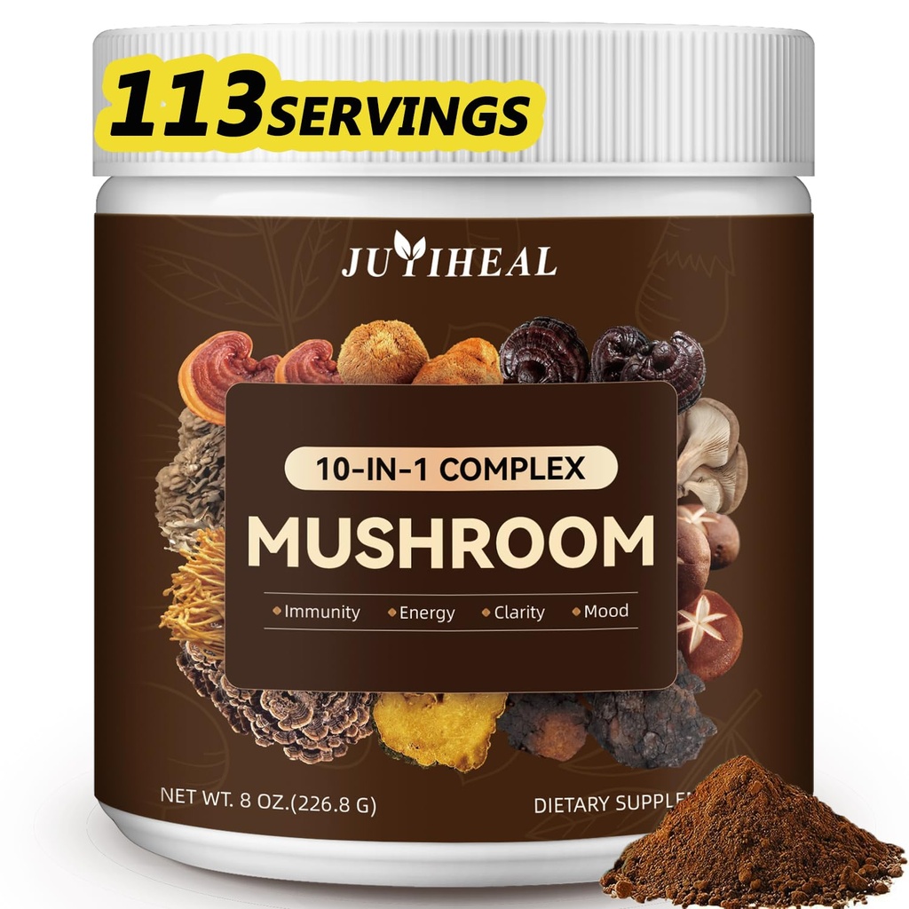 10-in-1 Mushroom Powder, 2000MG Mushroom Complex - Lions Mane, Reishi, Shiitake, Chaga, Turkey Tail, Cordyceps, Maitake & More, Mushroom Blend Powder for Energy, Memory, Focus, 8oz
