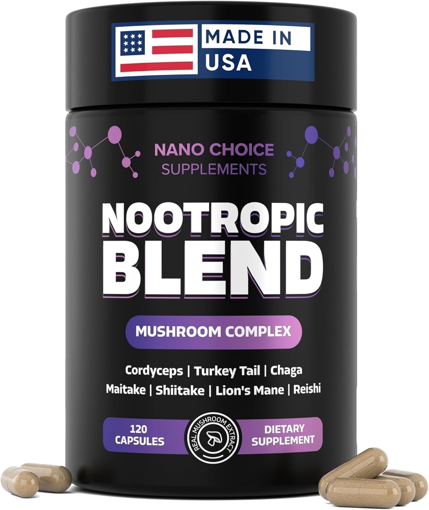 Nano Choice Nootropic Mix - Mushroom Kompleksi Beyin, Focus, Verimlilik ve Immune Support | Non-GMO, Vegan, ABD'de Yapıldı | 120 Capsules