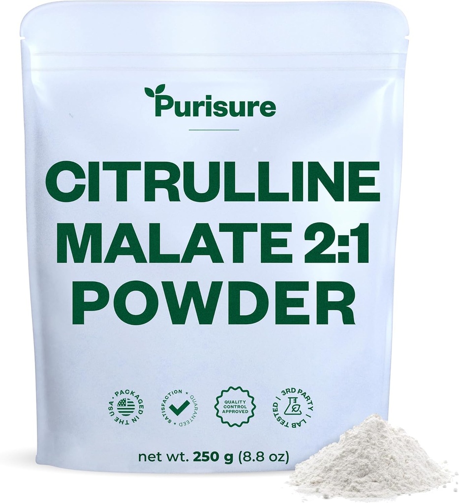 Purisure L-Citrulline Powder 250g, Premium Citrulline 2:1 Συμπλήρωμα μητρότητας για την απόδοση δύναμη και την ενέργεια, πριν από την προπόνηση Citrulline Malate Powder - Ενισχύστε τις μυϊκές αντλίες και την αποκατάσταση - 83 εξυπηρετήσεις