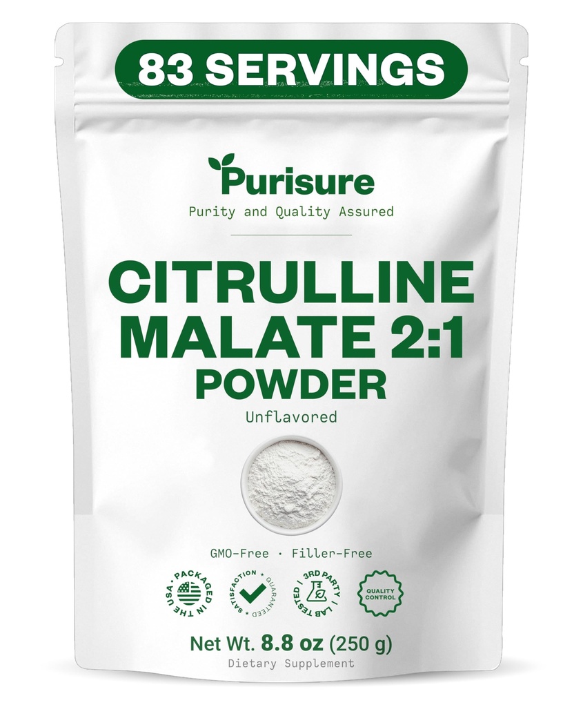 Purisure L-Citrulline Toz 250g, Premium Citrulline 2:1 Malate Supplement for Strength Performance and Energy, Pre-Workout Citrulline Malate Toz - Gelişmiş Kas Pompaları ve Kurtarma - 83 Hizmetler