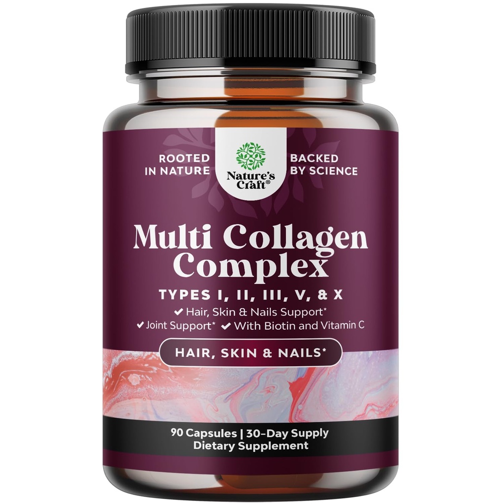 Gelişmiş Multi Collagen Kompleksi - Yaşsız Multi Collagen Supplement Supplements with Type 1 2 3 5 & X & Biotin for Hair, Skin and Nails Vitamins - Biotin Supplements for Women & Men - 90 Count