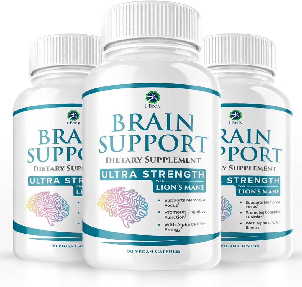 1 Body Brain Support Triple Pack, Alpha GPC ve Lion's Mane Extract, 90 Capsules Every