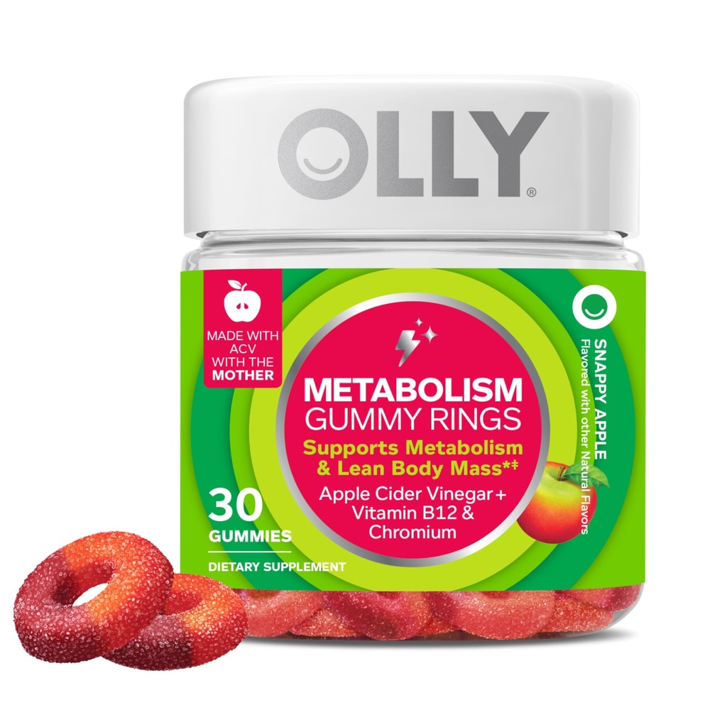 OLLY Metabolism Gummy Ring, Apple Cider Vinegar, Vitamin B12, Kromium, Enerji ve Digestive Health, Chewable Supplement, Apple Flavor - 30 Count Count Count