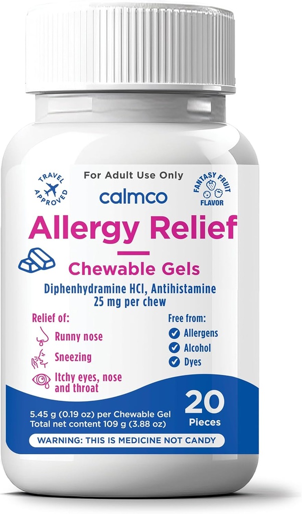 CalmCo Yetişkin Antihishistamin ile Gummy Bites - Sneezing için Kullanılabilir Antihistamin, Runny Nose & Itchy Eyes, Nighttime Antivirüs Tıp 12+, Fantasy Fruit Flavor, 20 Count