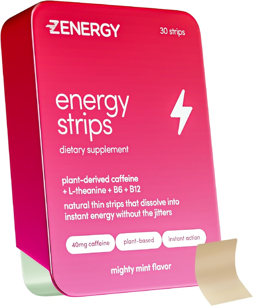 ZENERGY Enerji Oral Strips - Mint Flavor | 40 mg Caffeine + 30mg L-Theanine +% 100 B6 & B12 | 0 Sugar, 0 Calories, 0 Gluten, 0partame, Vegan, Plant-Based, Instant Action | 1 Tin = 30 Strips