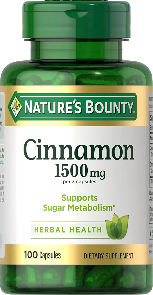 Nature's Bounty Cinnamon Capsules, Herbal Supplement, Supports Sugar Metabolism, 1500 mg, 100 Capsules