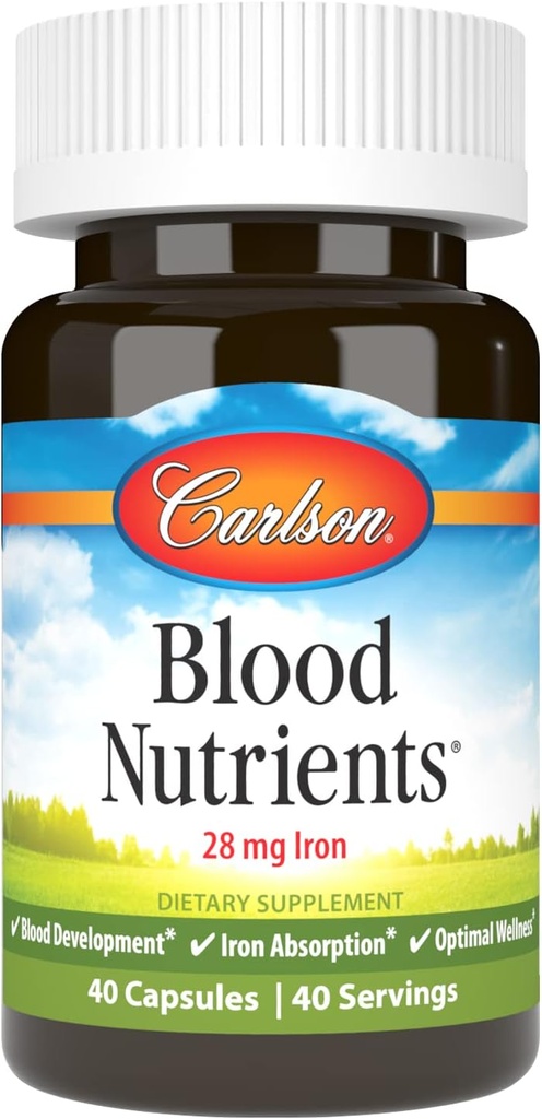 Carlson - Θρεπτικά του αίματος, 28 mg σίδηρος, Ανάπτυξη του αίματος, Απορρόφηση του σιδήρου & Βέλτιστη ευεξία, 40 κάψουλες