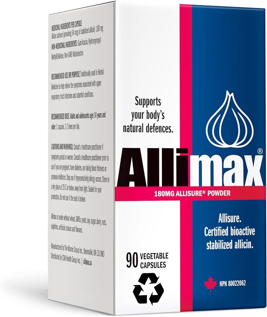 ALLIMAX 180mg 90 κάψουλες. Συμπλήρωμα σκόρδου αλλικίνης για την υποστήριξη της ανοσοποιητικής λειτουργίας του σώματος σας. Περιέχει Σταθεροποιημένη και Ισχυρή Βιοενεργή Αλλικίνη, που προέρχεται από Καθαρή & Βιώσιμη Ισπανική Καλλιεργούμενη Σκόρδα.