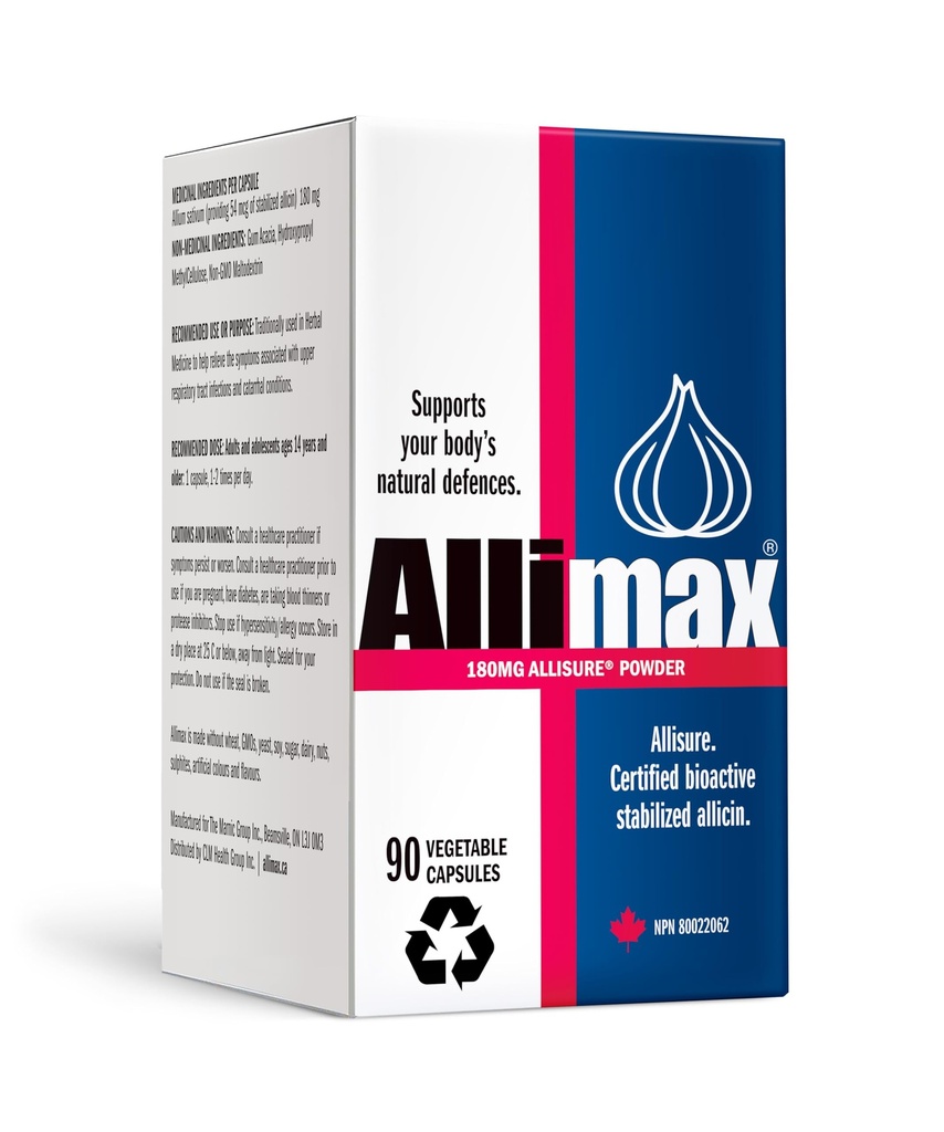 ALLIMAX 180mg 90 κάψουλες. Συμπλήρωμα σκόρδου αλλικίνης για την υποστήριξη της ανοσοποιητικής λειτουργίας του σώματος σας. Περιέχει Σταθεροποιημένη και Ισχυρή Βιοενεργή Αλλικίνη, που προέρχεται από Καθαρή & Βιώσιμη Ισπανική Καλλιεργούμενη Σκόρδα.
