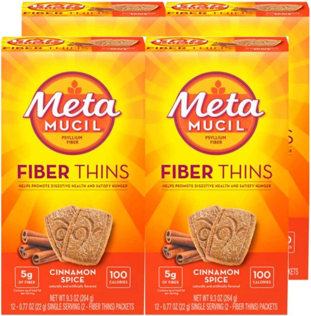 Metamucil Fiber Thins, Daily Fiber Supplement Snack, Psyllium Husk Powder, 5g Fiber per Serving, Supports Digestive Health and Satisfies Hunger, Cinnamon Spice Flavor, pack of 4, 12 Servings each