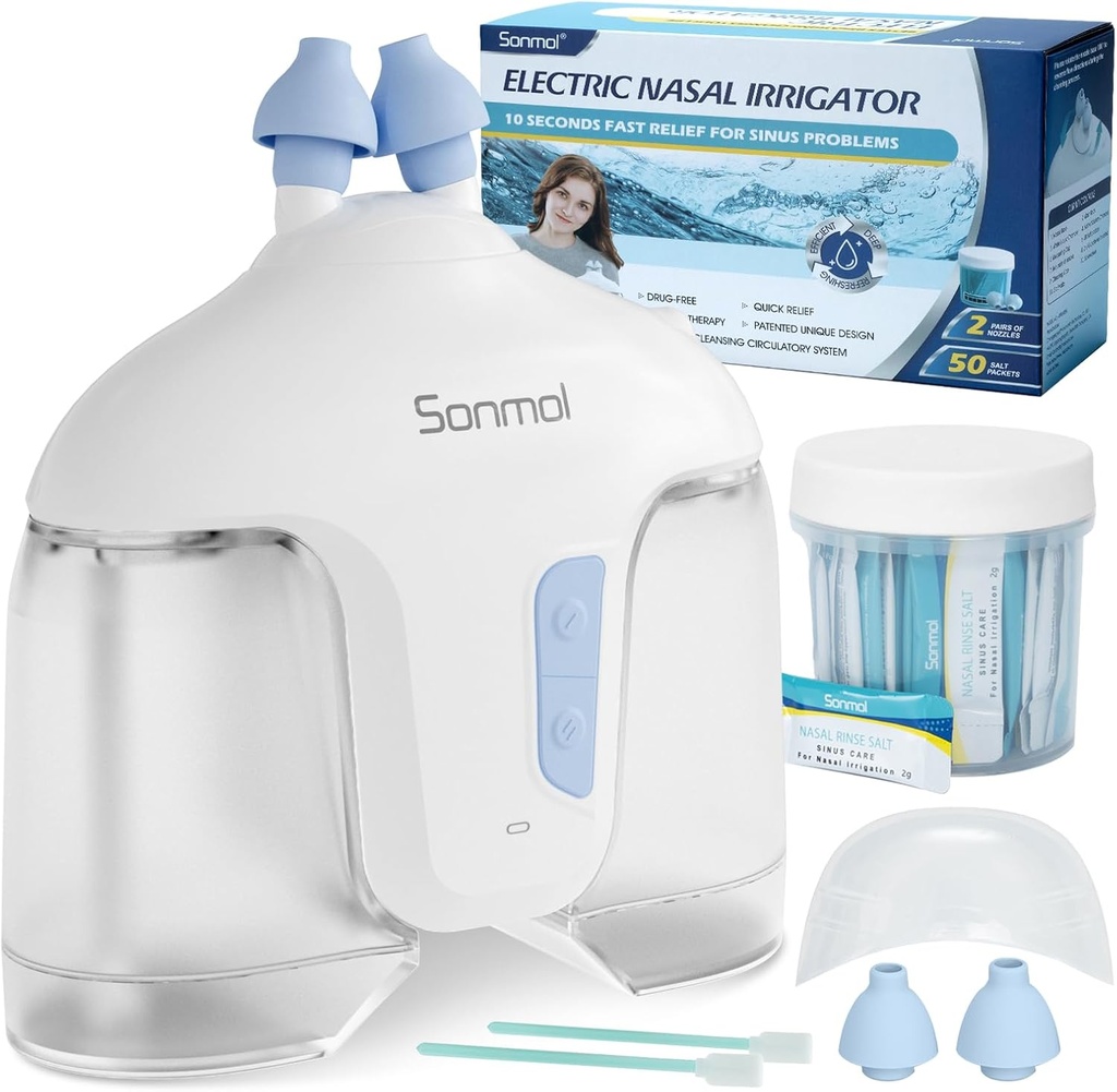 Sonmol ηλεκτρικό σύστημα Nasνικής άρδευσης (Nasal Άρδευση, Λευκό), Μύτη καθαριστικό για Sinus Ενηλίκων, αυτοκαθαρίζοντας Nasal Καθαριστικό με 50 Πακέτα Αλουμίνιο