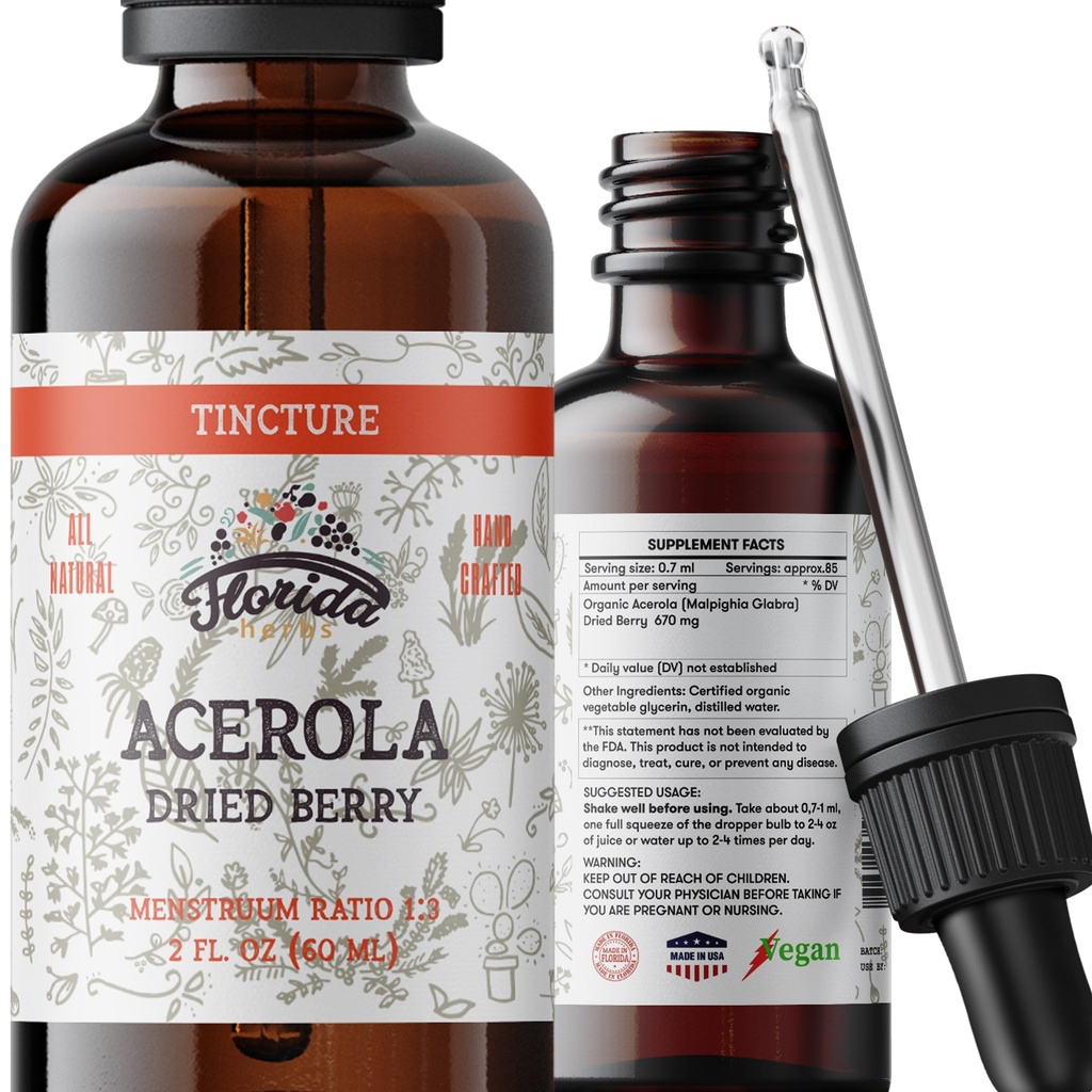 Acerola Tincture (Vitamin C), Organik Acerola Ekstraksiyon (Malpighia Glabra) Kan, Kalp, Sanatlar, Soğuk Olmayan Organik Sebzeler Glycerin, Florida Her Supplements