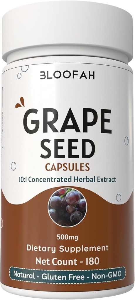 Grape Seed Capsules 500 mg | Vitis vinifera Mekanik 10:1 Ekstra Toz | Doğal Herbal Supplement, Non-GMO, Gluten-Free Formula (180)