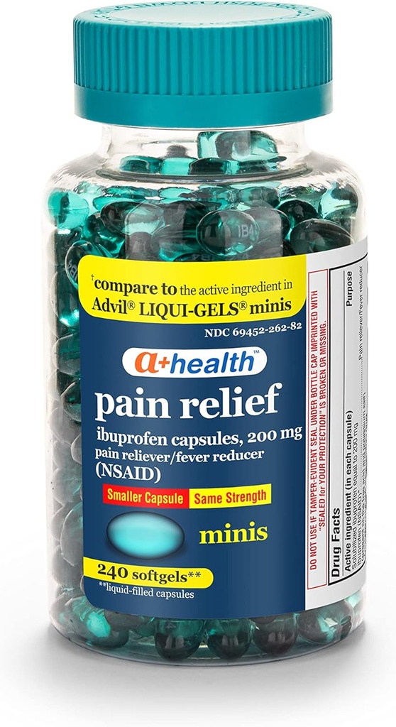 A+Sağlık Mini Ibuprofen 200 Mg Softgels, Pain Reliever/Fever Function (NSAID), 240 Count