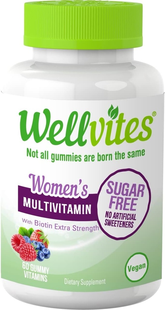 Wellvites Sugar Free Multivitamin Gummies for Women with Biotin, Vegan, Non-GMO - Kadınlar için Vitaminler, A, B6 ve B12, No Yapay Sweeteners, Gluten-Free,60 Kont (30 Day Supply)