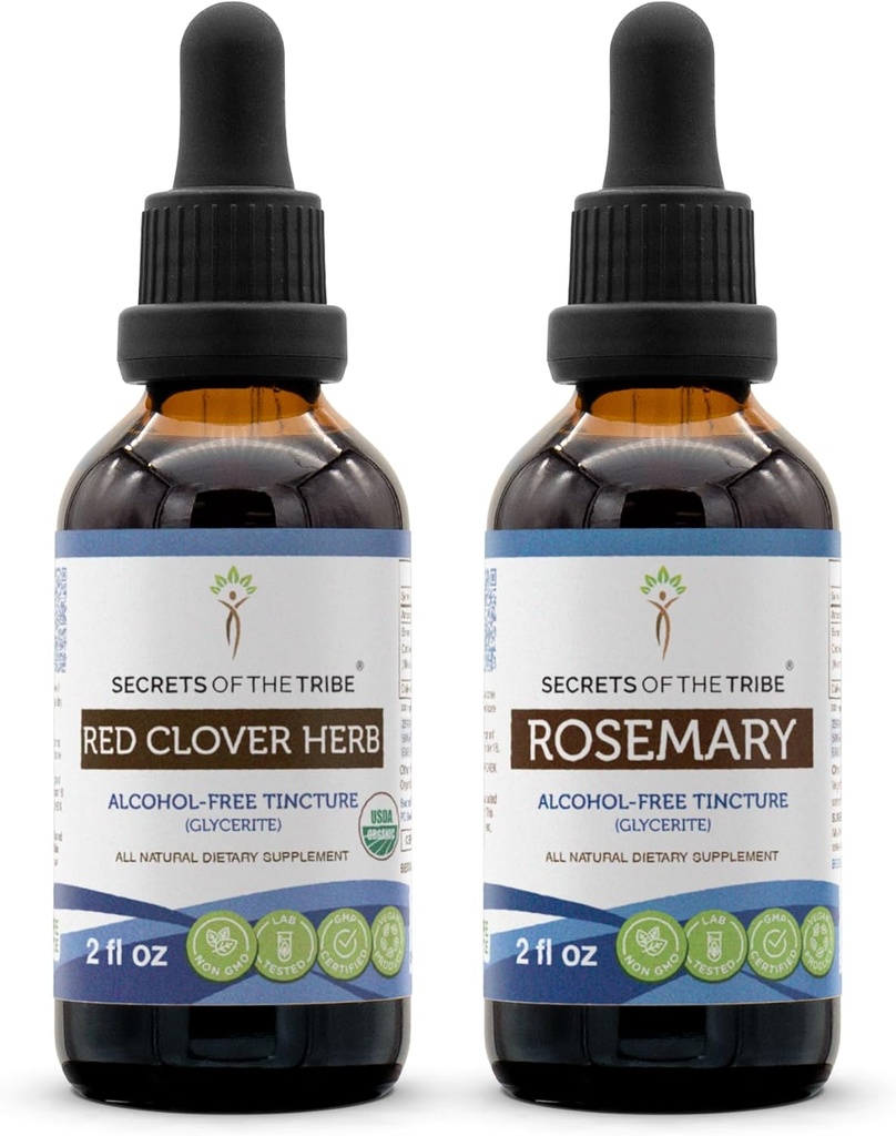Red Clover Herb USDA Organic and Rosemary Liquid Extract (2 pcs.) | Alcohol-Free Tinctures | Organic Red Clover Herb (Trifolium Pratense) and Rosemary (Rosmarinus Officinalis) Dried Leaf (2x2 fl oz)