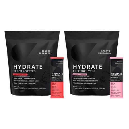 Spor Araştırmaları Hydrate Electrolytes Dynamic Duo - Sugar-Free & Natural Flavored with Vitamins, Minerals, and Coconut Water - 32 Hydration Packets of Cherry Pomegranate & Raspberry Lemonadede