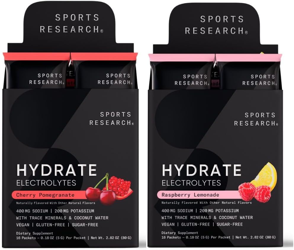Sports Research Hydrate Electrolytes Dynamic Duo - Sugar-Free & Naturally Flavored with Vitamins, Minerals, and Coconut Water - 32 Hydration Packets of Cherry Pomegranate & Raspberry Lemonade