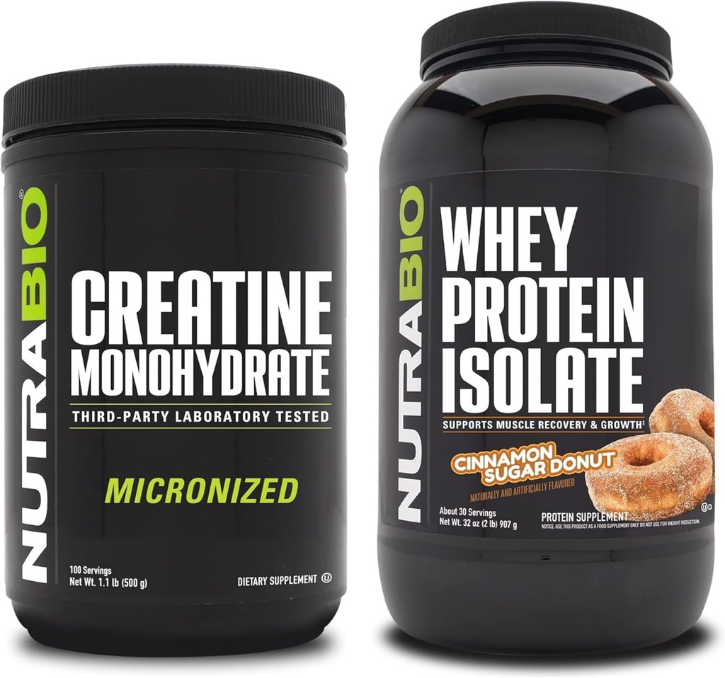 NutraBio Kretine Monohidrat, Unflavored, 500g ve Whey Protein Isolate, Cinnamon Sugar Donut, Supplement Sche - Muscle Energy, Lean Muscle growth, Recovery, and Strength