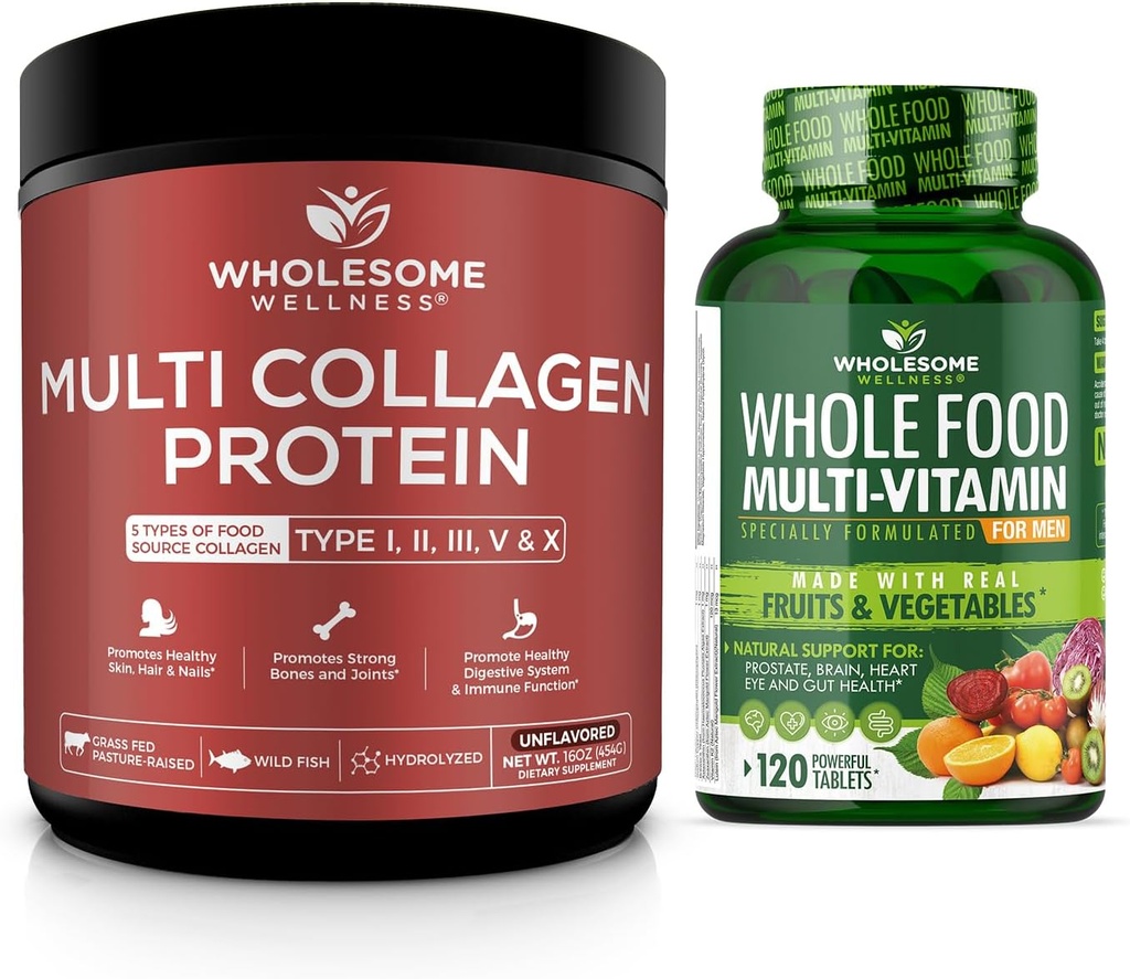 Multi Collagen Protein Toz Hidrolyzed (Type I II III V X) + Tüm Gıda Erkekler için Çokvitamin - Doğal Çok Vitaminler, Mineraller, Organik Türler
