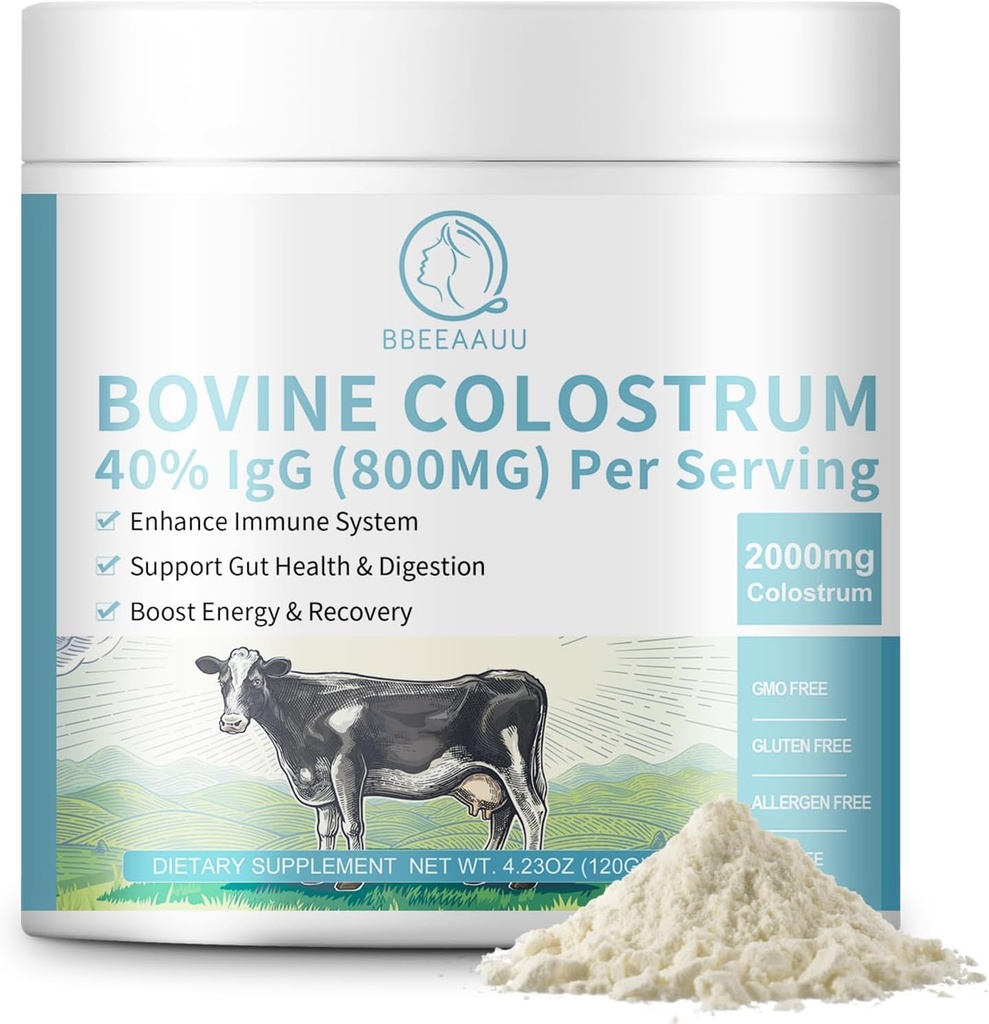 Bovine Colostrum Supplement 2000mg, Colostrum Powder 40% IgG Immunoglobulins for Immune Support, Hair Growth, Gut Health, Mus, Energy - 100% Grass Fed, Gluten-free, Non-GMO, 120 Grams