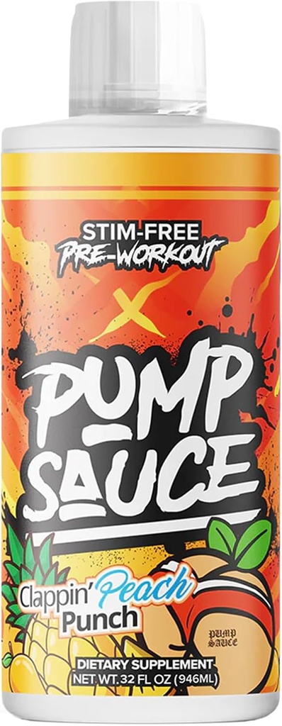 Pompa Pre-Workout - 32 oz, Clappin Peach Punch, No Caffeine, Full Spectrum Liquid, Gluten Free, Vegan, Zero Sugar