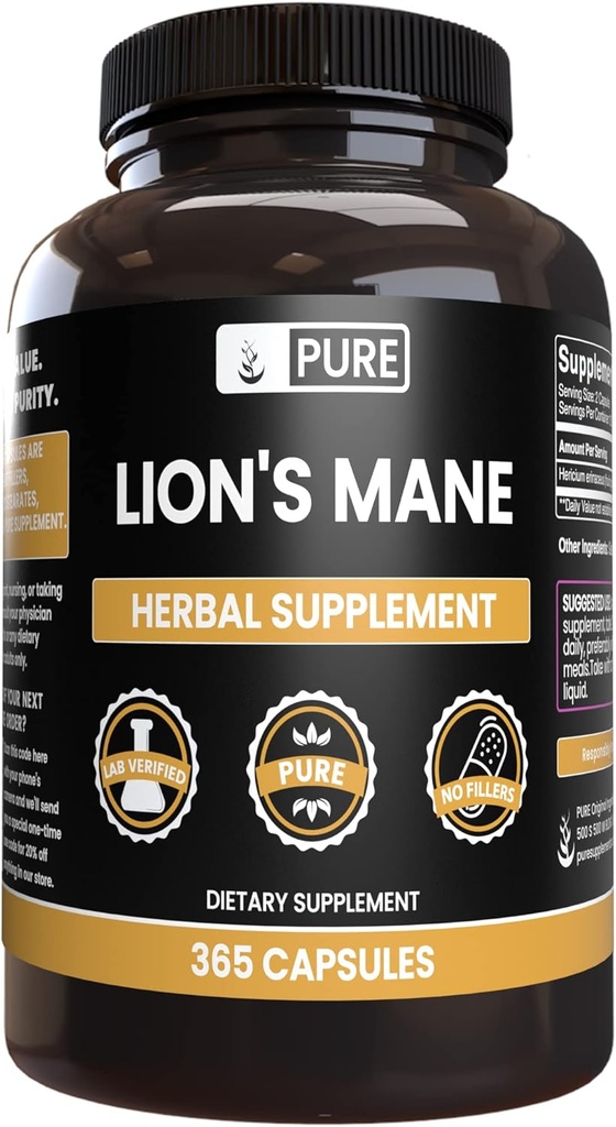 PURE ORIGINAL INGREDIENTS Lion's Mane Capsules, No Magnezyum veya Rice Fillers, Always Pure (365 Capsules)