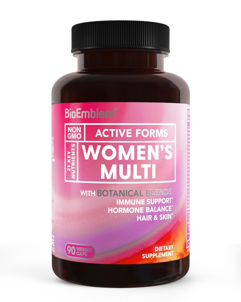 BioEmblem Women's Multivitamin - Immunity, Energy, Hair, Skin A, B12, B6, D3, Biotin, Iron, Magnezyum, Collagen ve Veggie Mixs - Gluten Free - 90 Capsules